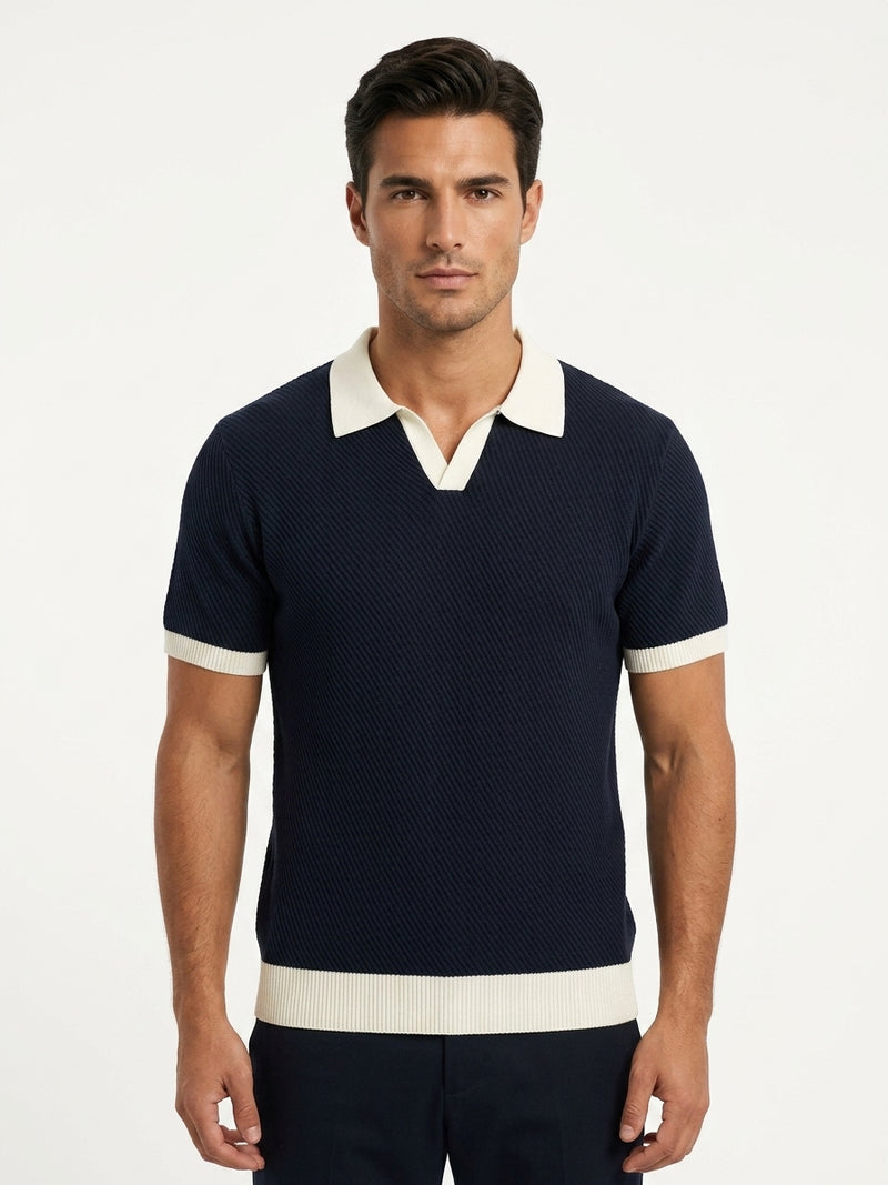 Contrast Collar Knit Polo - Navy