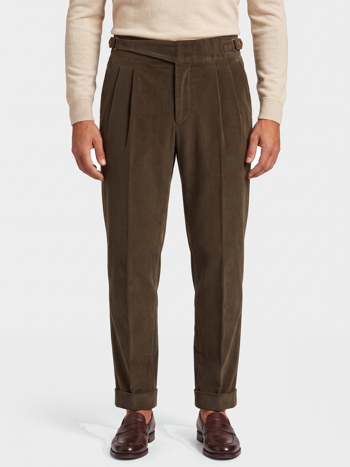 Cervo Pleated Corduroy Gurkha Trouser - Khaki
