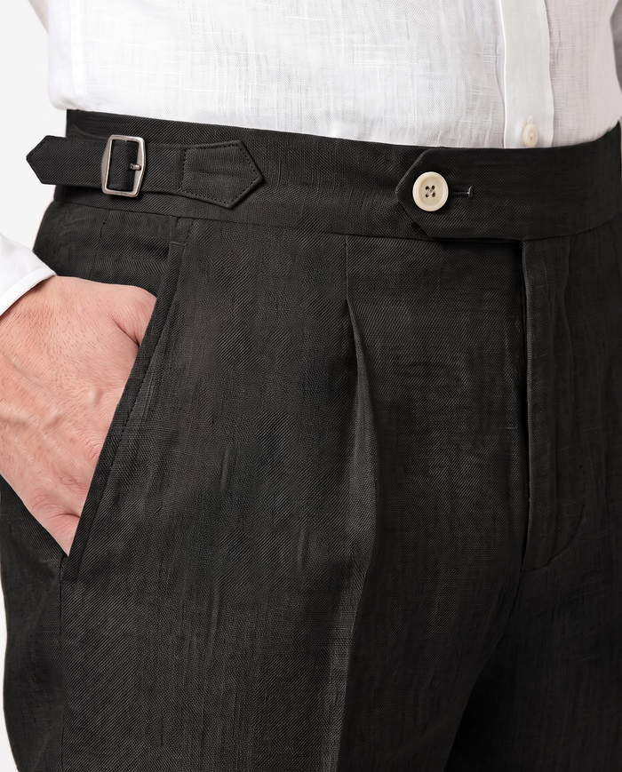 Pleated Linen Trousers, Black