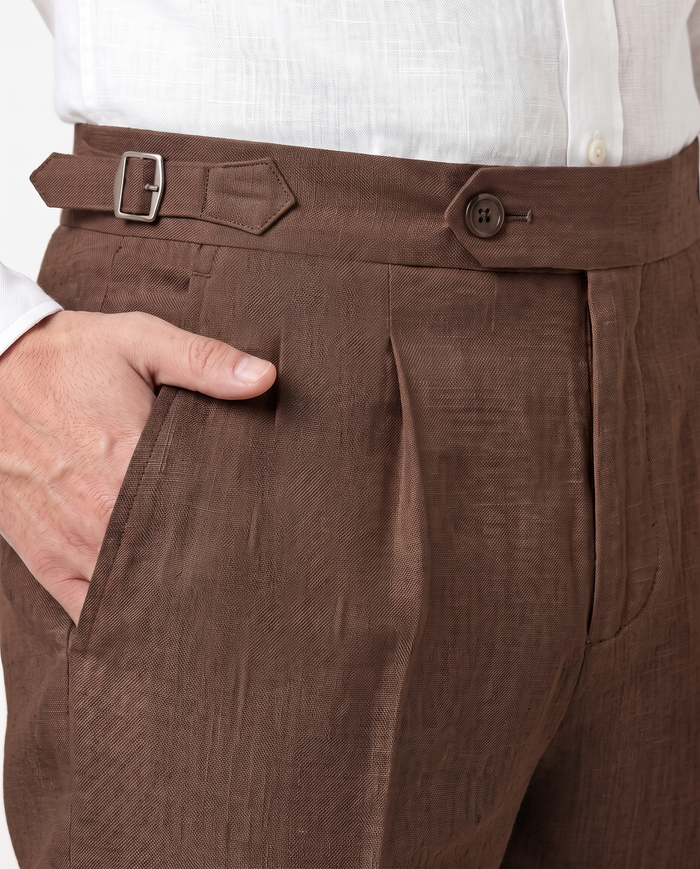 Pleated Linen Trousers, Chocolate