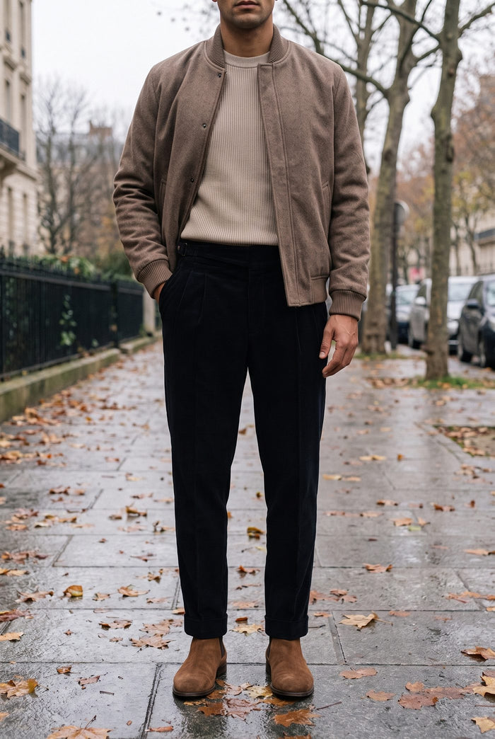 Look 2, Beige crew over black corduroy