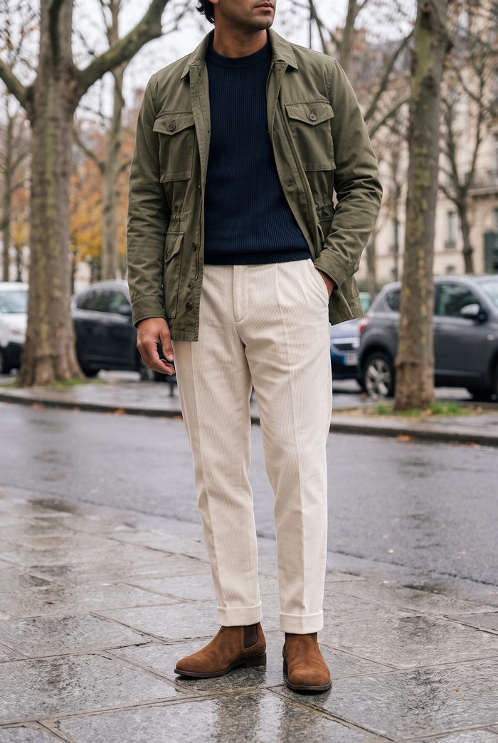 Look 6, Navy crew over cream corduroy
