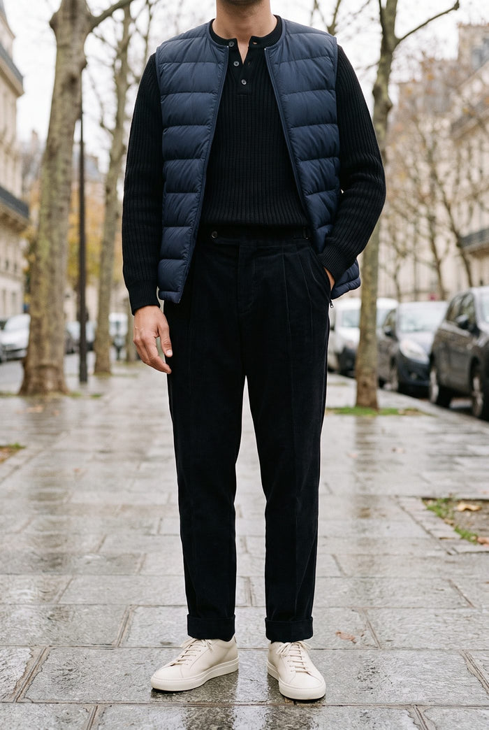 Look 9, Black henley over black corduroy