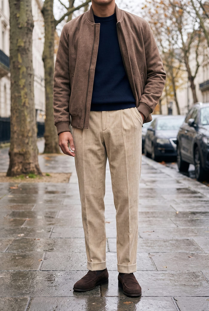Look 12, Navy crew over apricot white velvet