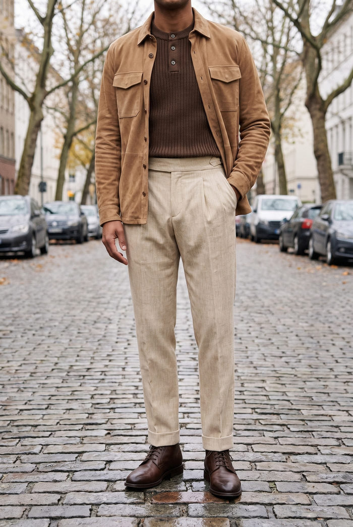 Look 15, Brown henley over apricot white velvet