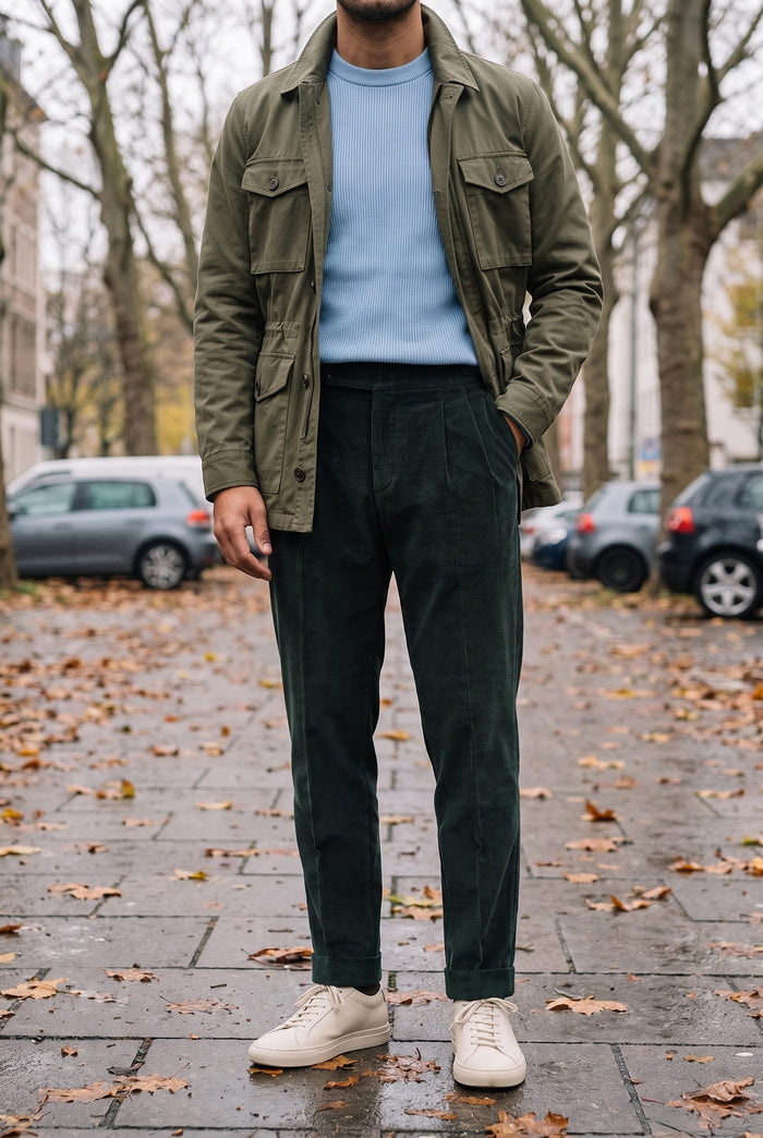 Look 21, Powder Blue crew over green corduroy