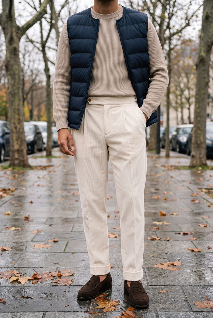 Look 24, Beige crew over cream corduroy