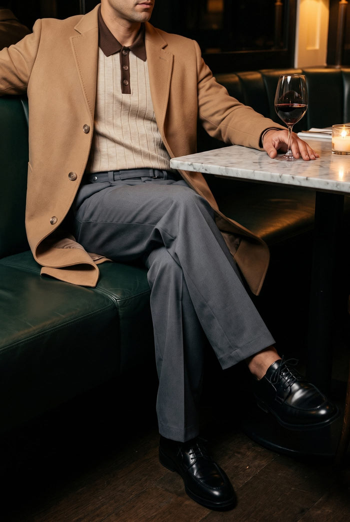Look 30, Cream polo over grey wide-leg