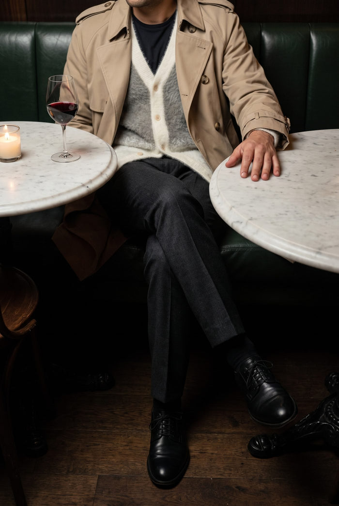 Look 31, Grey cardigan over black cotton