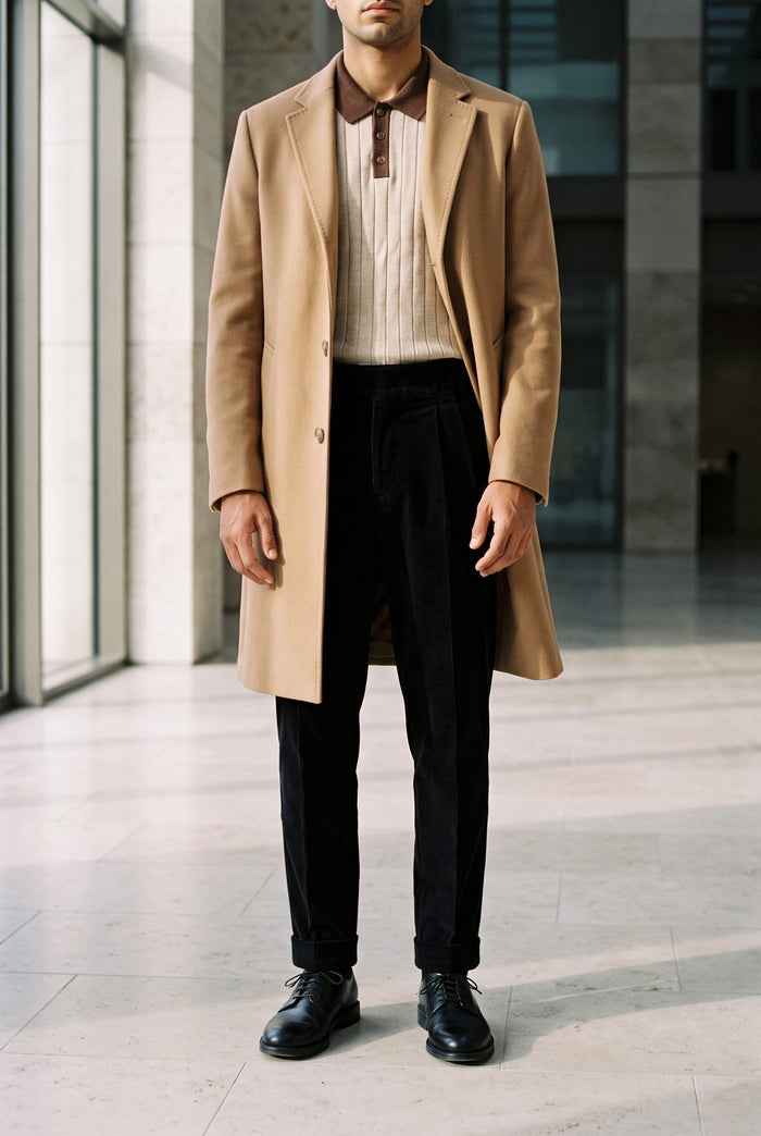 Look 44, Cream polo over black corduroy