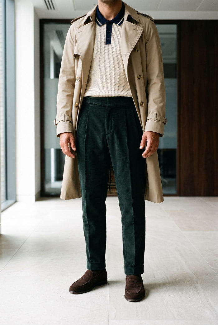 Look 45, Beige polo over green corduroy