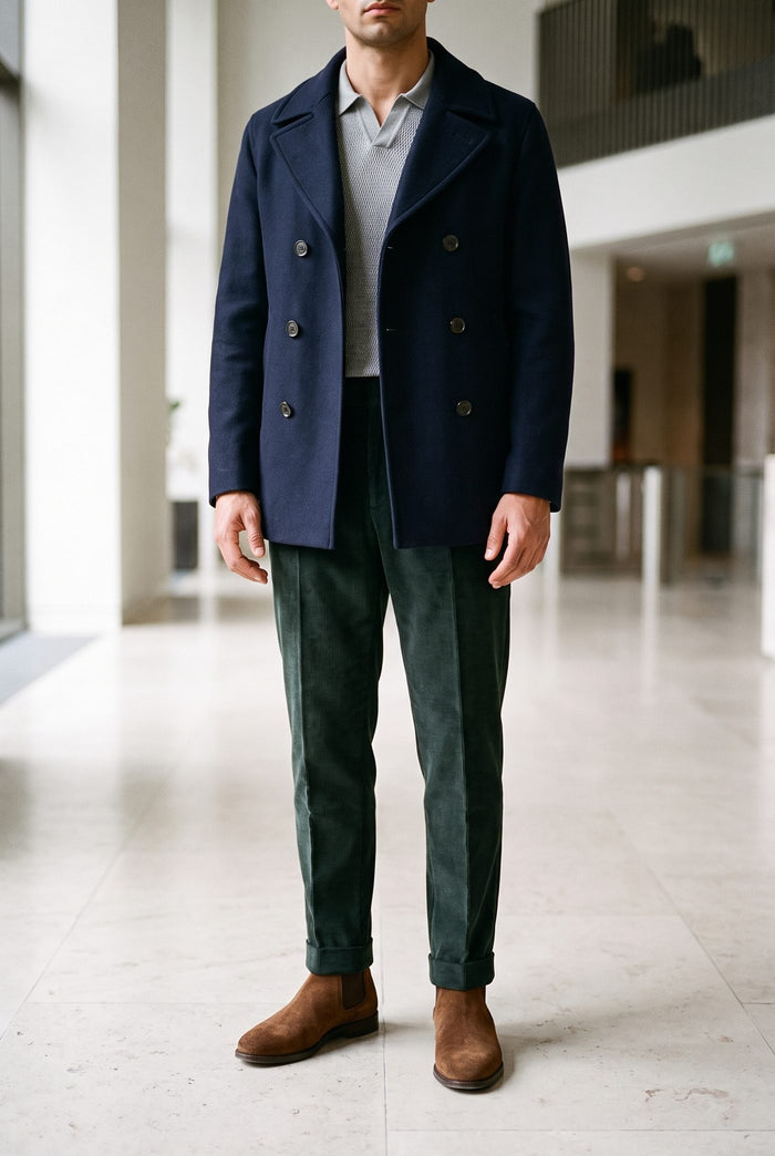 Look 46, Grey polo over green corduroy