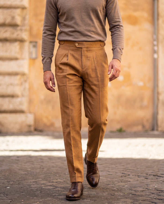 Pleated Linen Trousers, Cognac