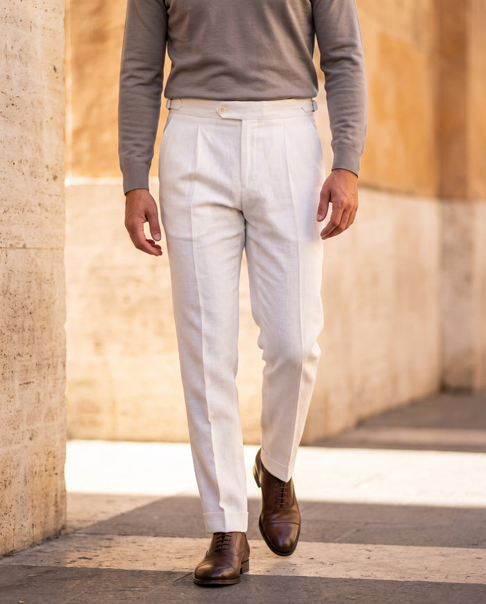 Pleated Linen Trousers, White
