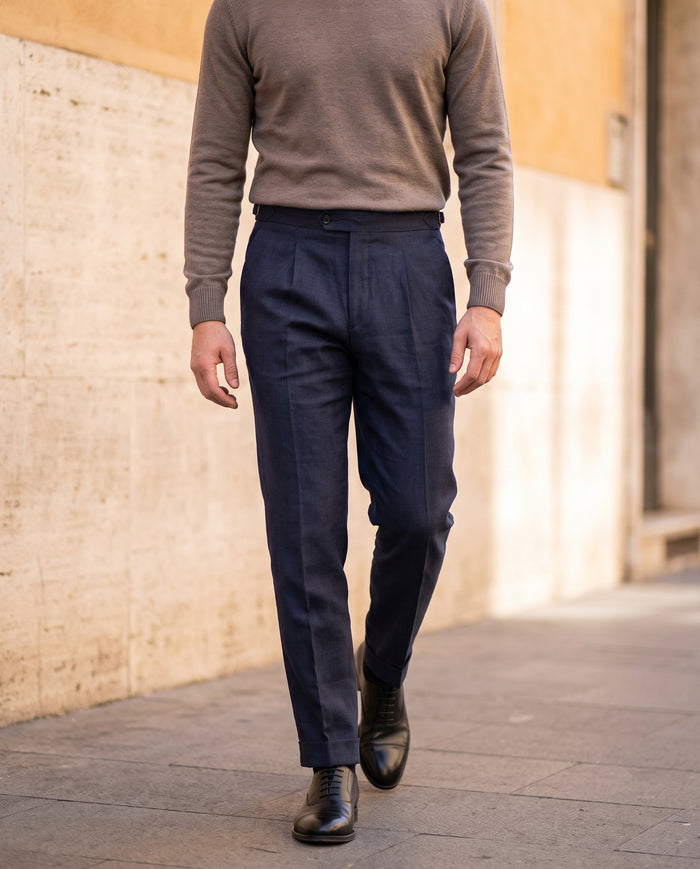 Pleated Linen Trousers, Navy