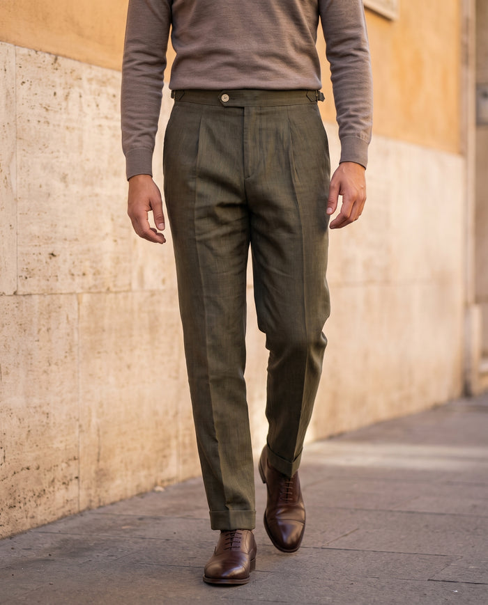 Pleated Linen Trousers, Olive