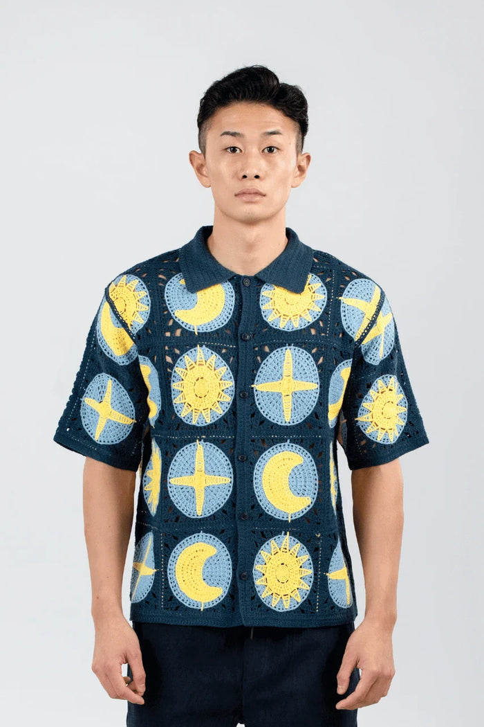 Celestial Crochet Camp Shirt, Navy