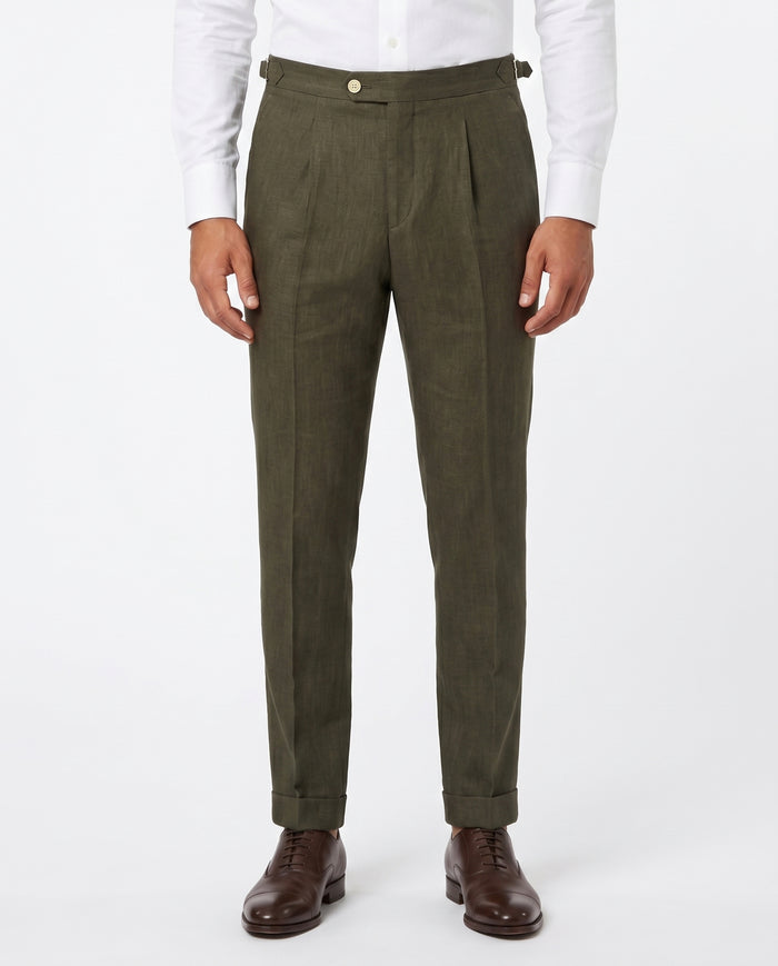 Pleated Linen Trousers, Olive