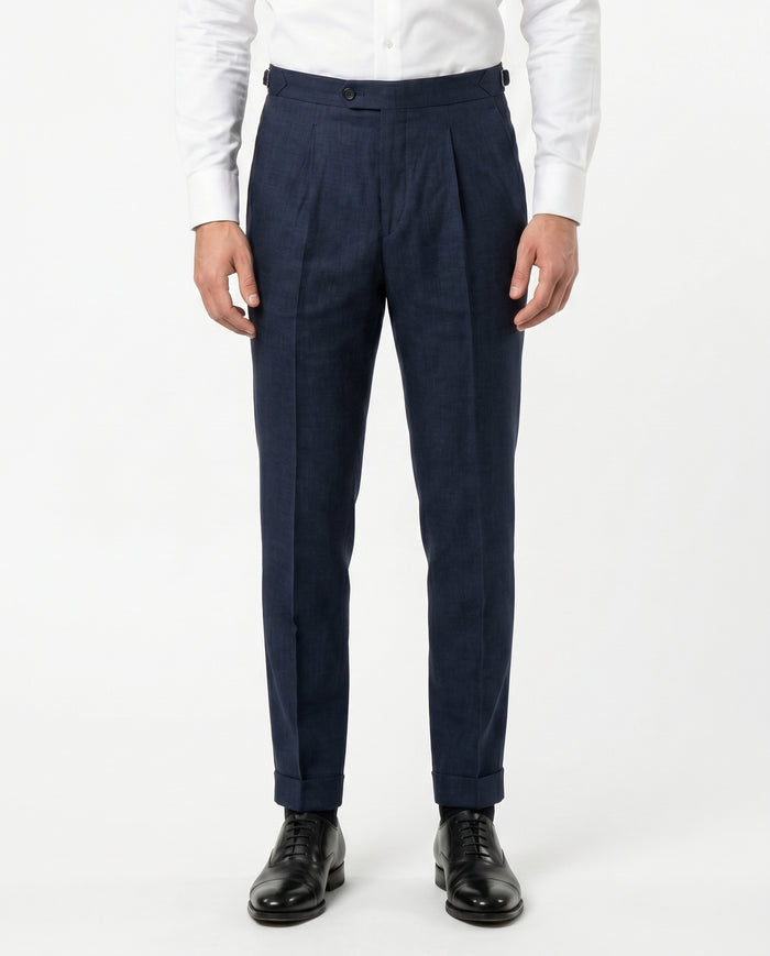 Pleated Linen Trousers, Navy