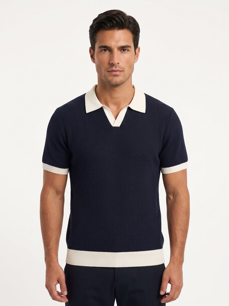 Contrast Collar Knit Polo - Navy