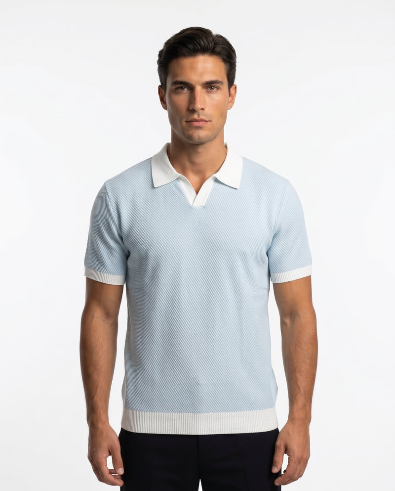 Contrast-Collar Knit Polo, Sky