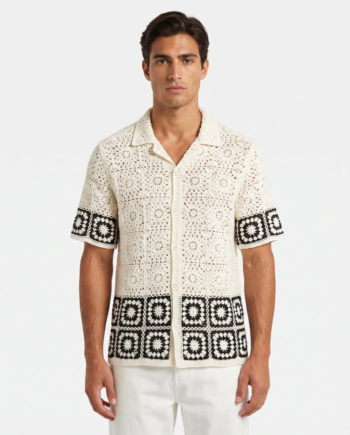 Granny-Square Crochet Shirt, White
