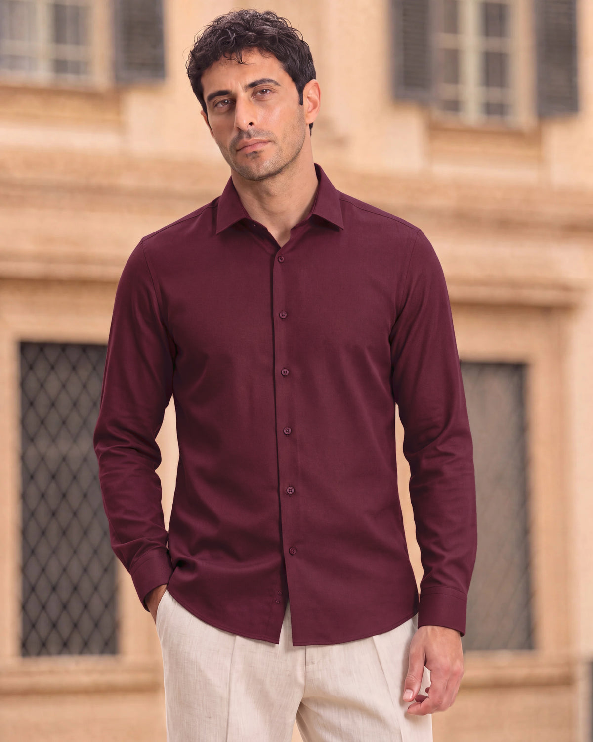 Fermo Non-Iron Stretch Long Sleeve Shirt - Maroon
