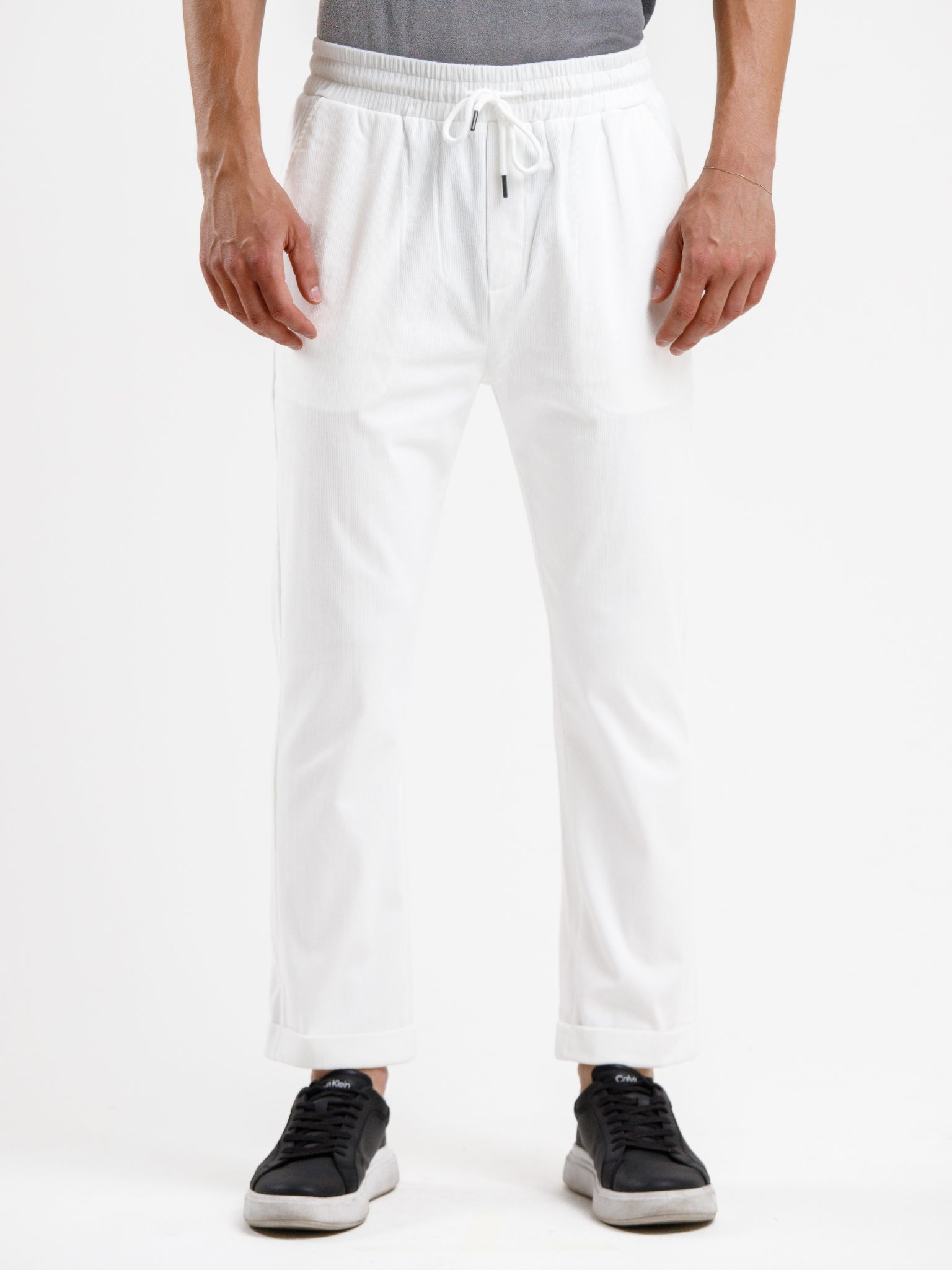 Mid Waist Corduroy Pant with Drawstring - White