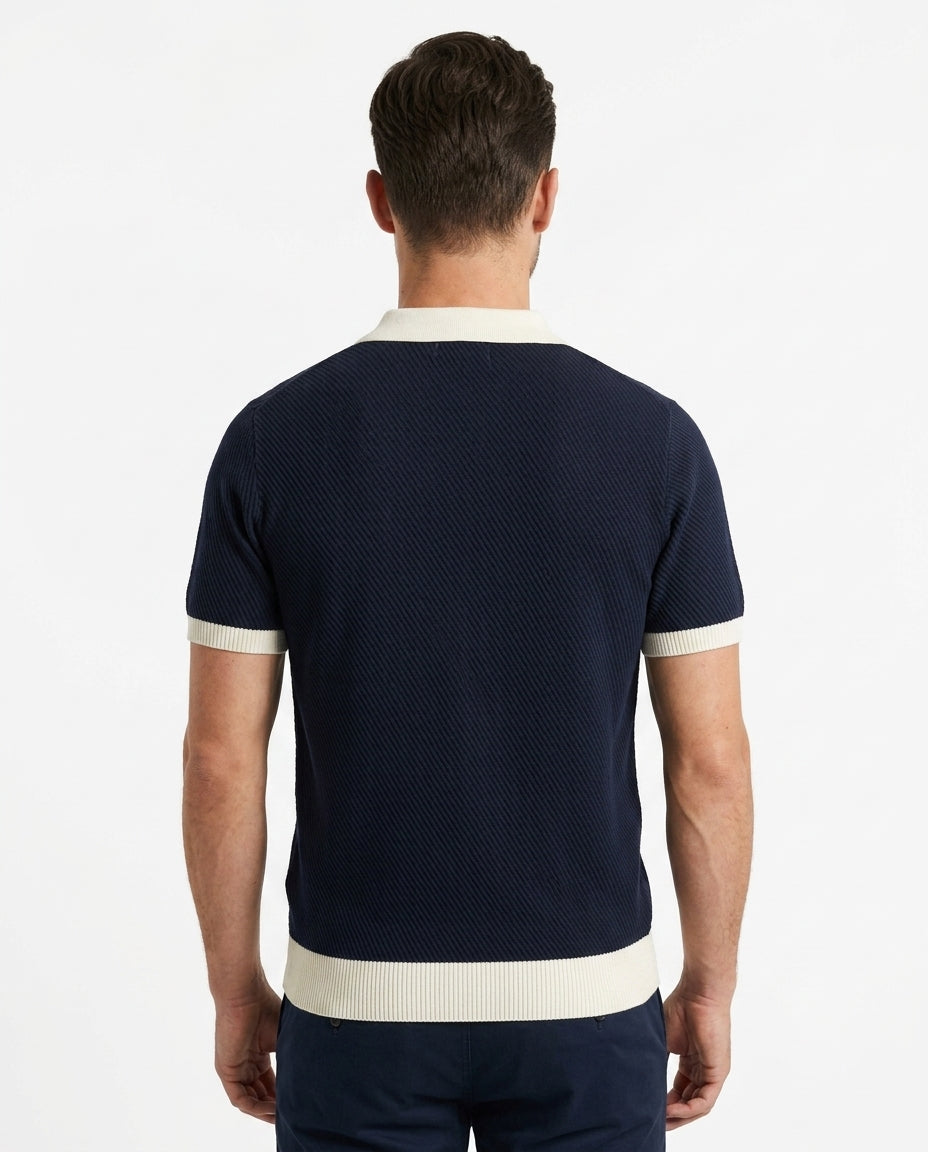 Contrast Collar Knit Polo - Navy