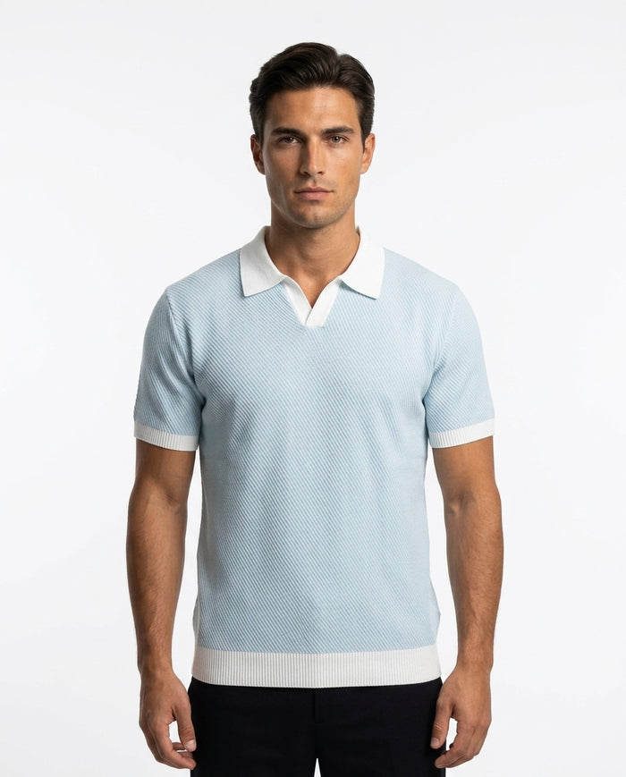 Contrast Collar Knit Polo - Sky