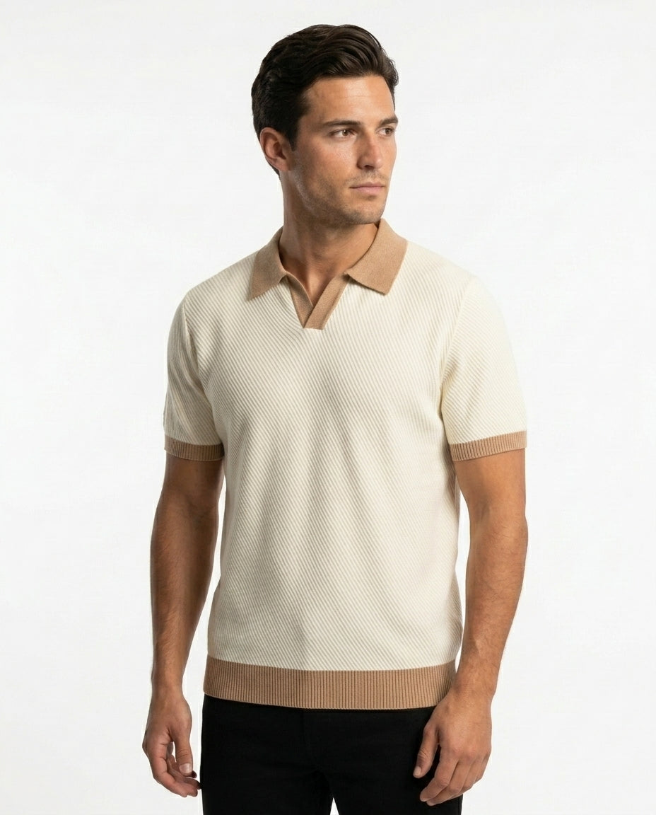 Contrast Collar Knit Polo - Cream