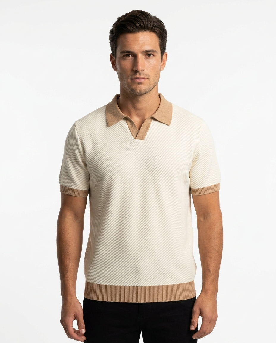 Contrast Collar Knit Polo - Cream