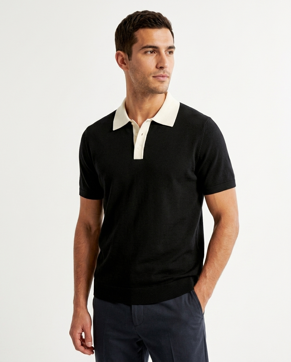 Black Contrast Collar Knit Polo