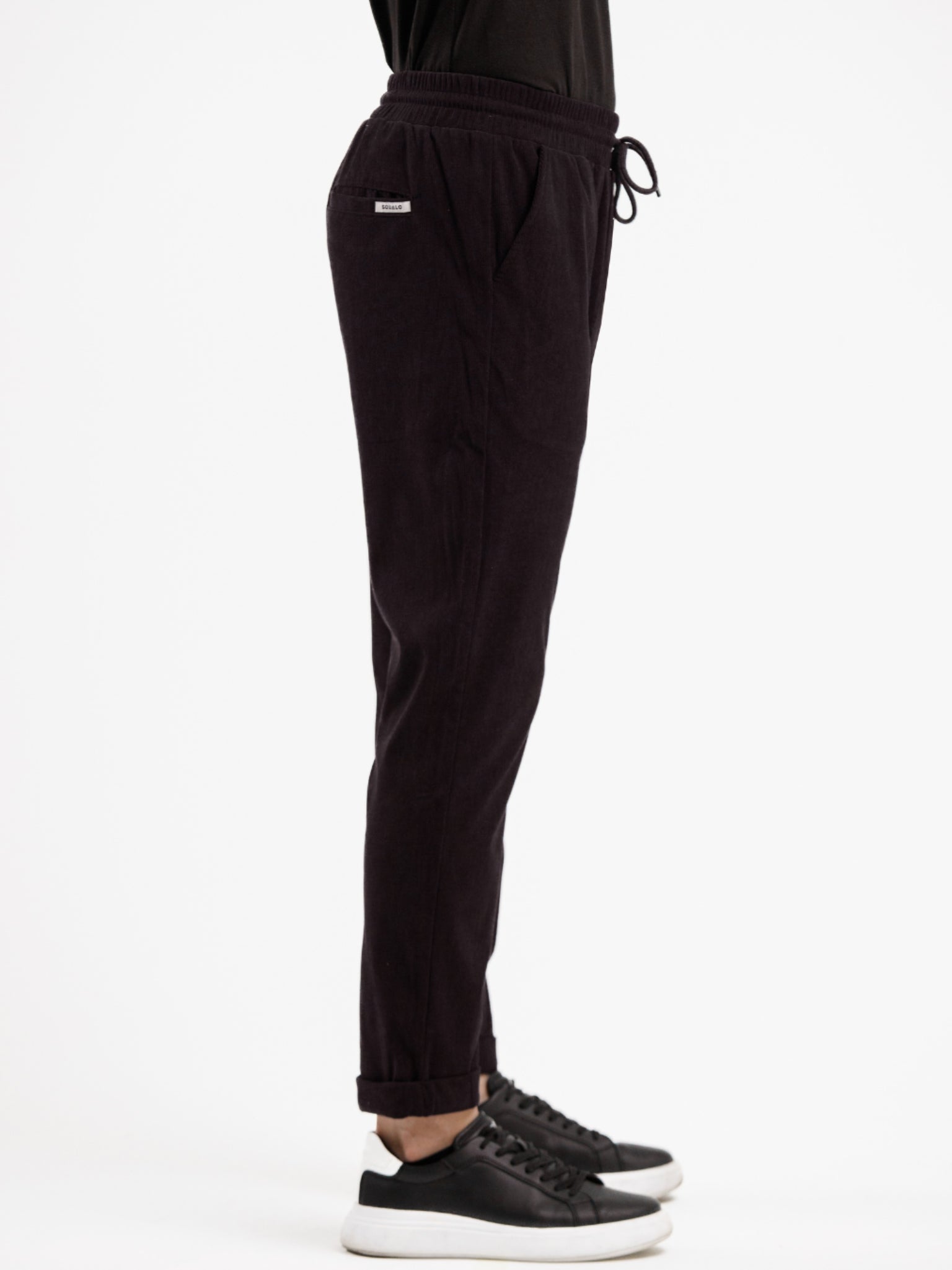 Mid Waist Corduroy Pant with Drawstring - Black