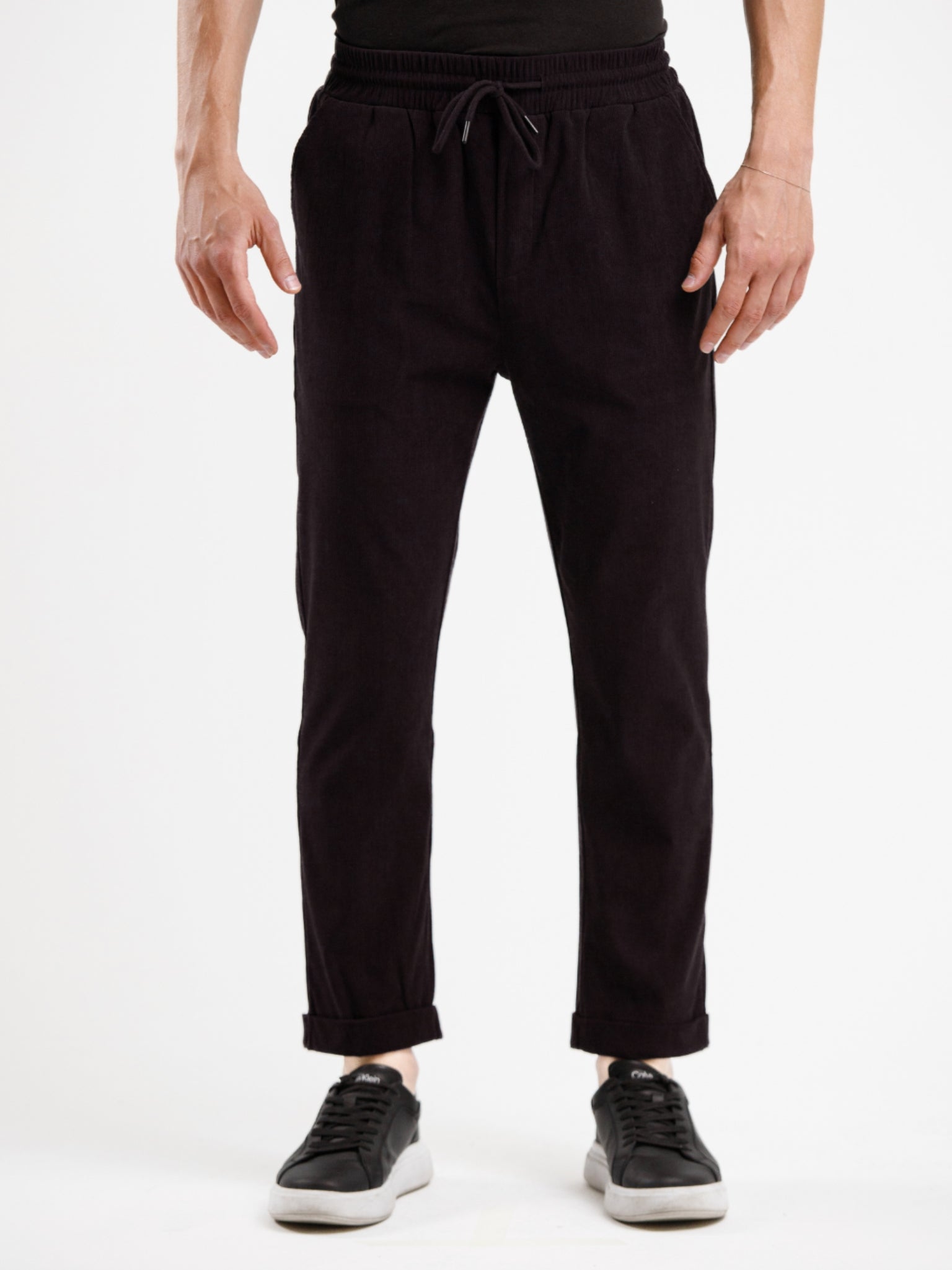Mid Waist Corduroy Pant with Drawstring - Black