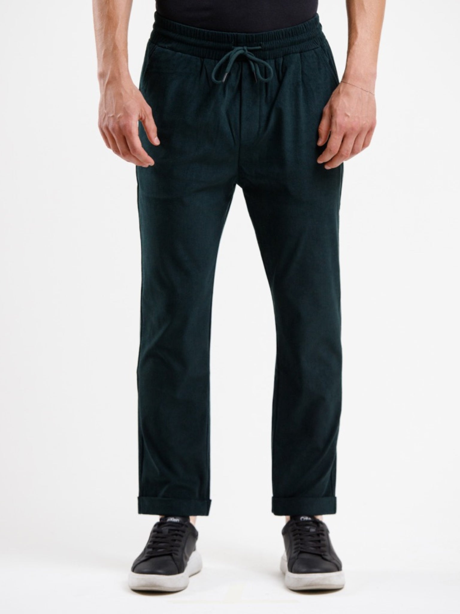 Mid Waist Corduroy Pant with Drawstring - Dark Green