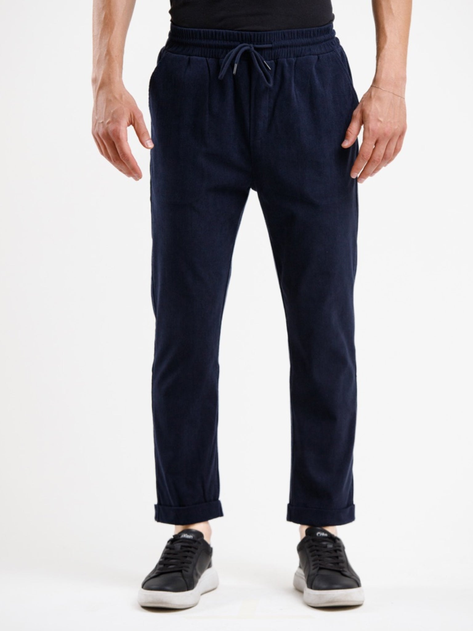 Mid Waist Corduroy Pant with Drawstring - Blue