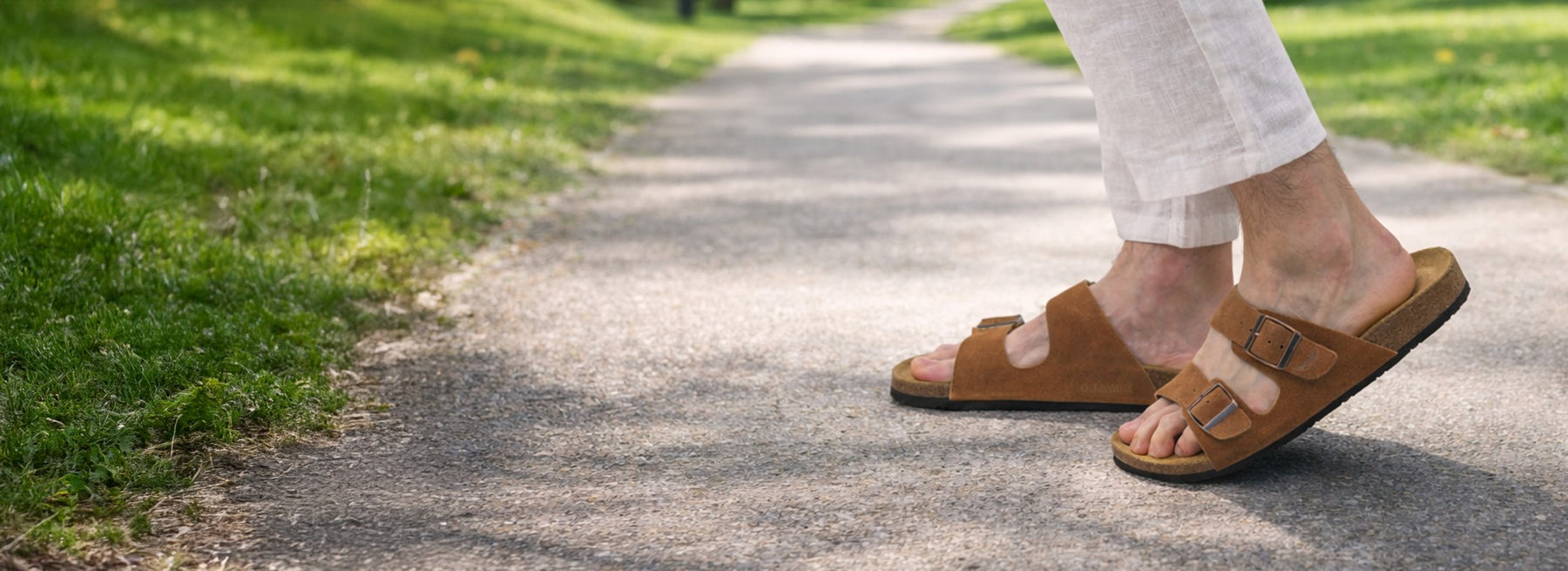 Squalo Roma cork sandals worn with linen trousers