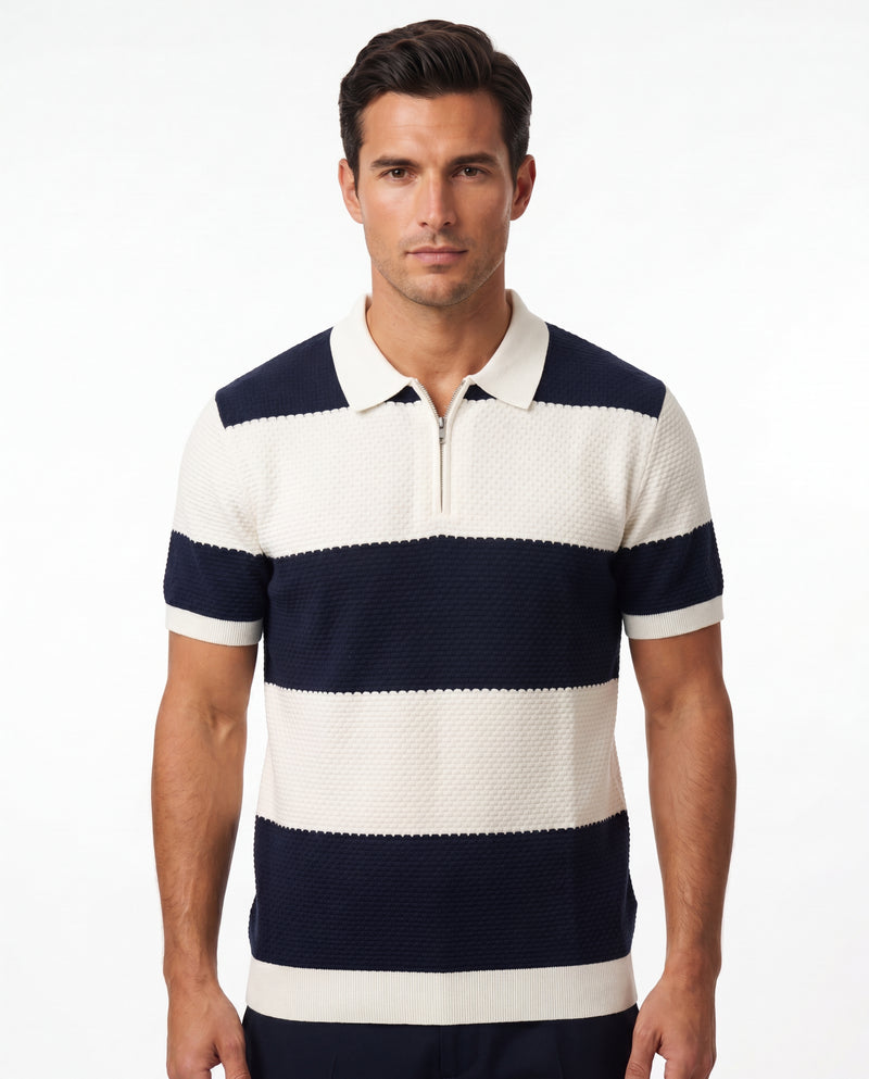 Block Stripe Zip Polo