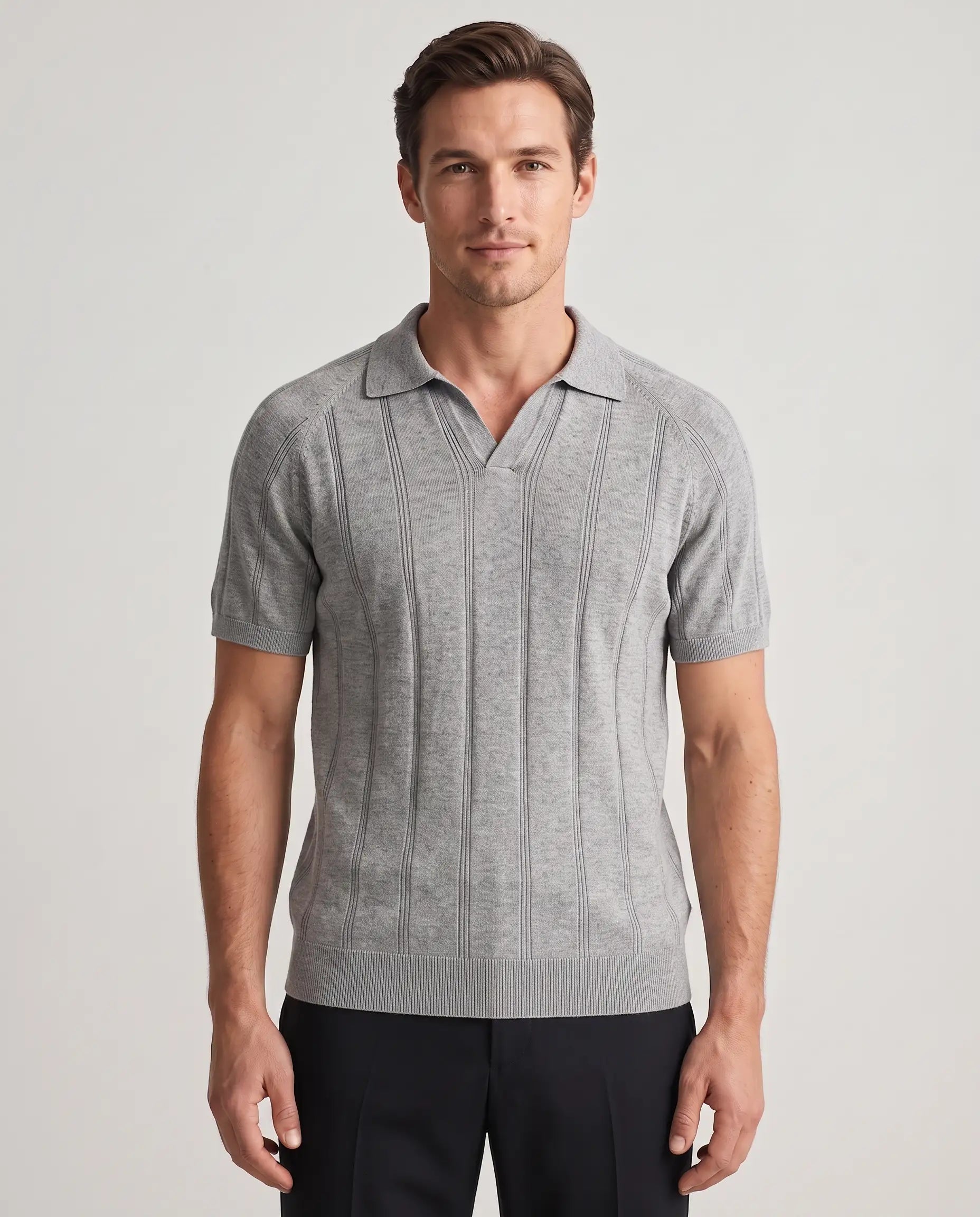 Ribbed Knit Polo, Grey