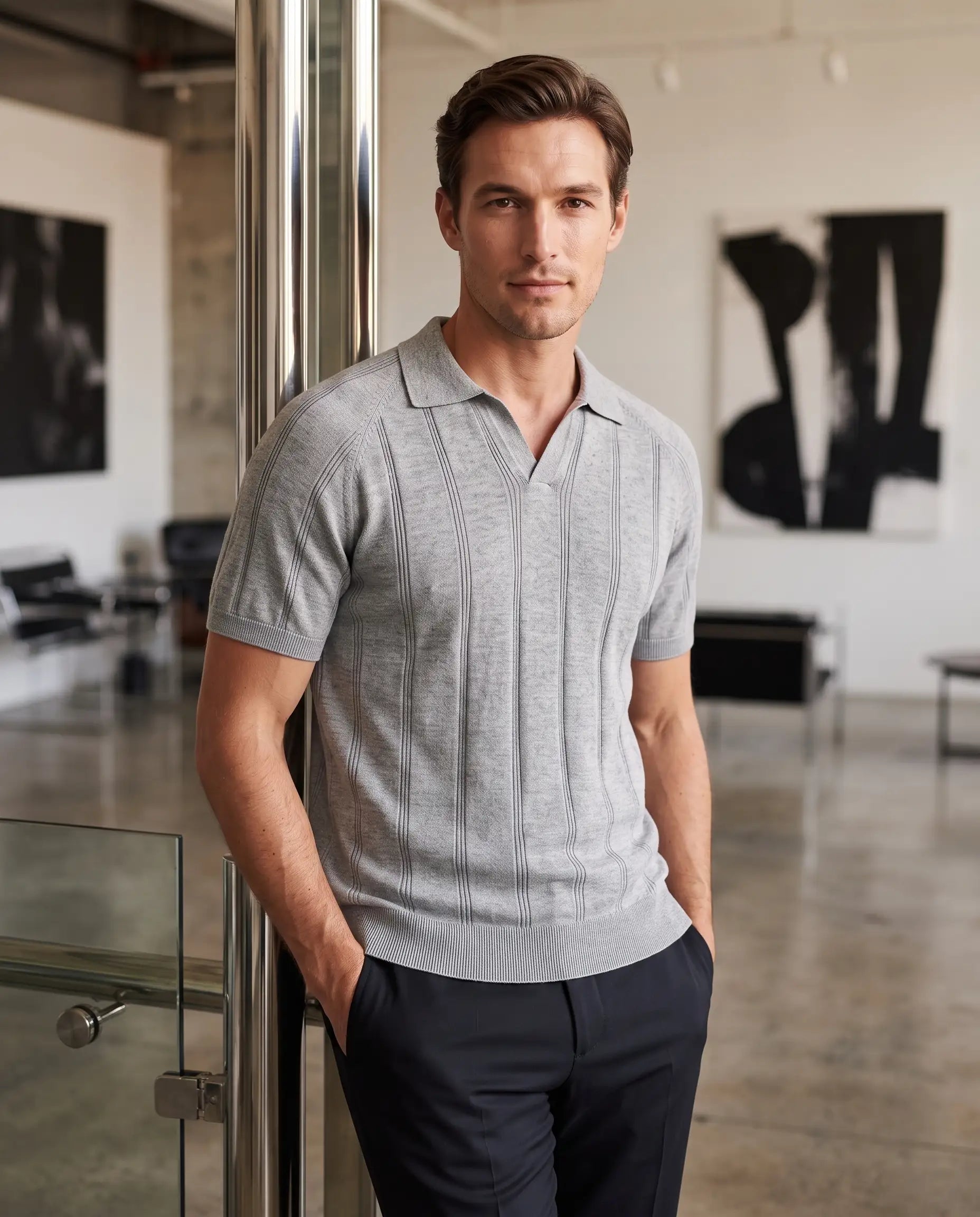 Ribbed Knit Polo, Grey