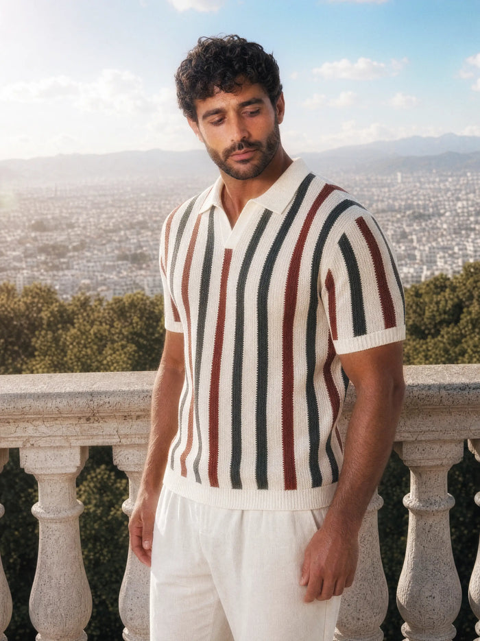 Vertical-Stripe Knit Polo, Rust