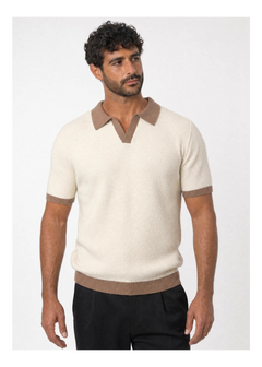 Contrast-Collar Knit Polo, Cream