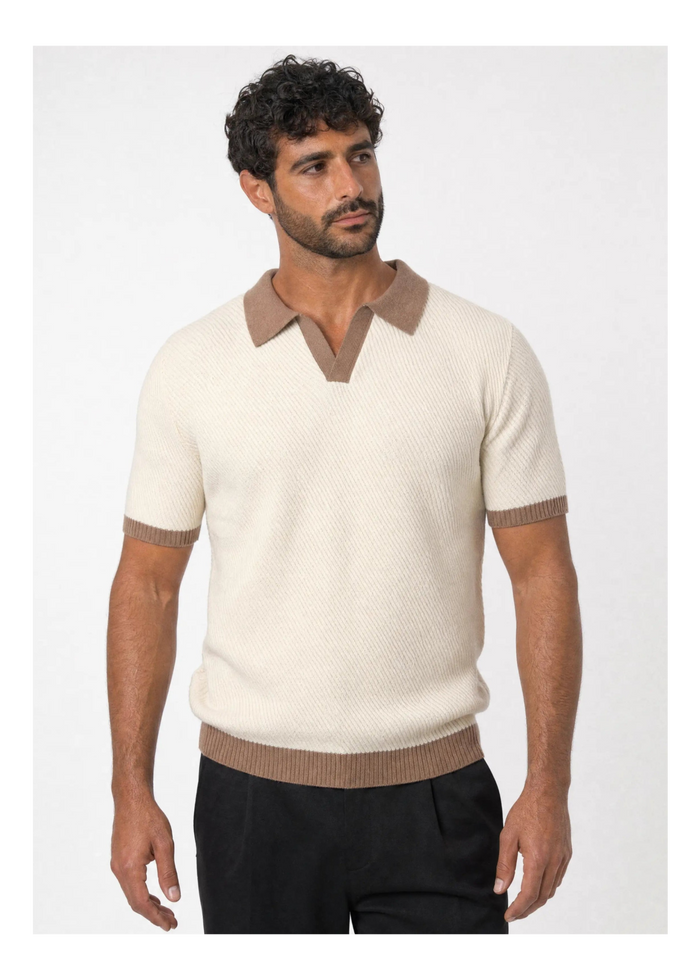 Contrast-Collar Knit Polo, Cream