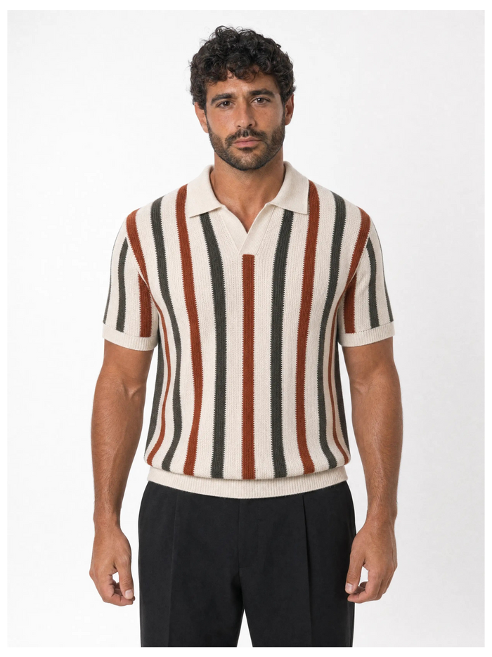 Vertical-Stripe Knit Polo, Rust