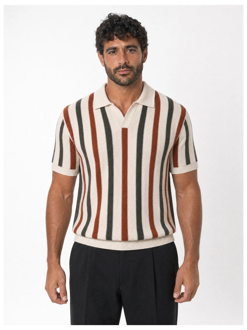 Vertical-Stripe Knit Polo, Rust