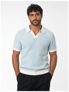 Kontrastkragen-Strickpolo, Himmelblau
