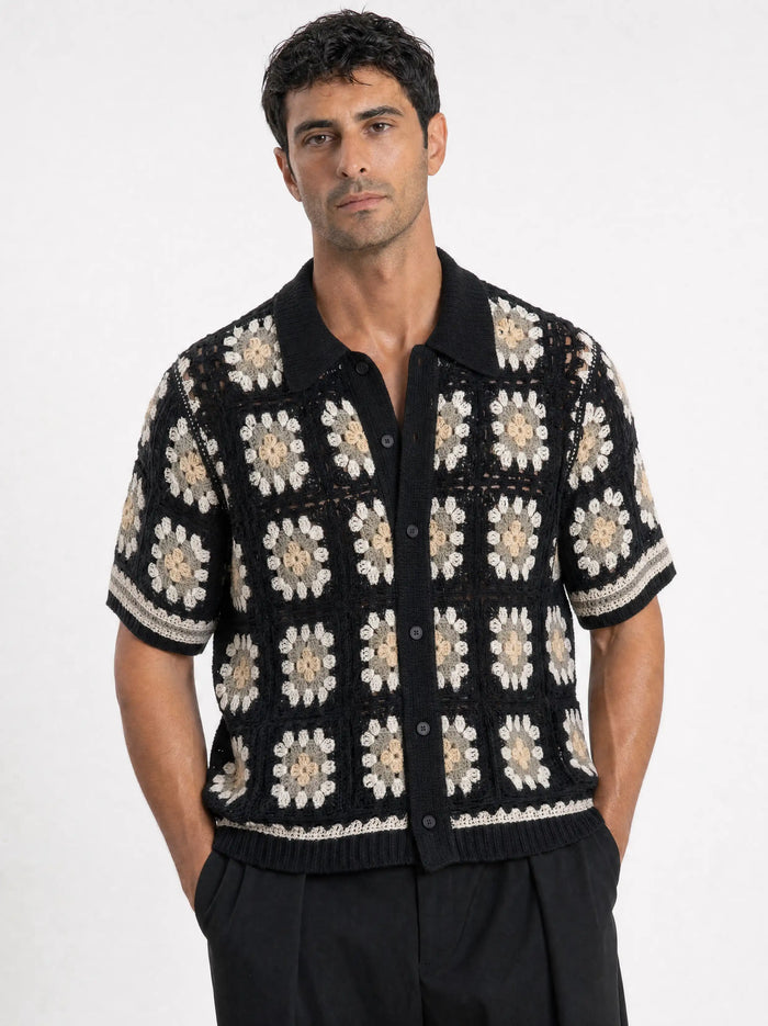 Granny-Square Häkel-Shirt, Schwarz