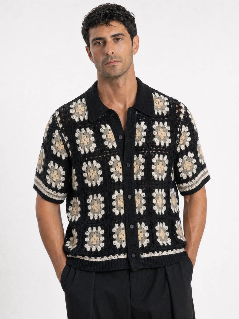 Granny-Square Häkel-Shirt, Schwarz