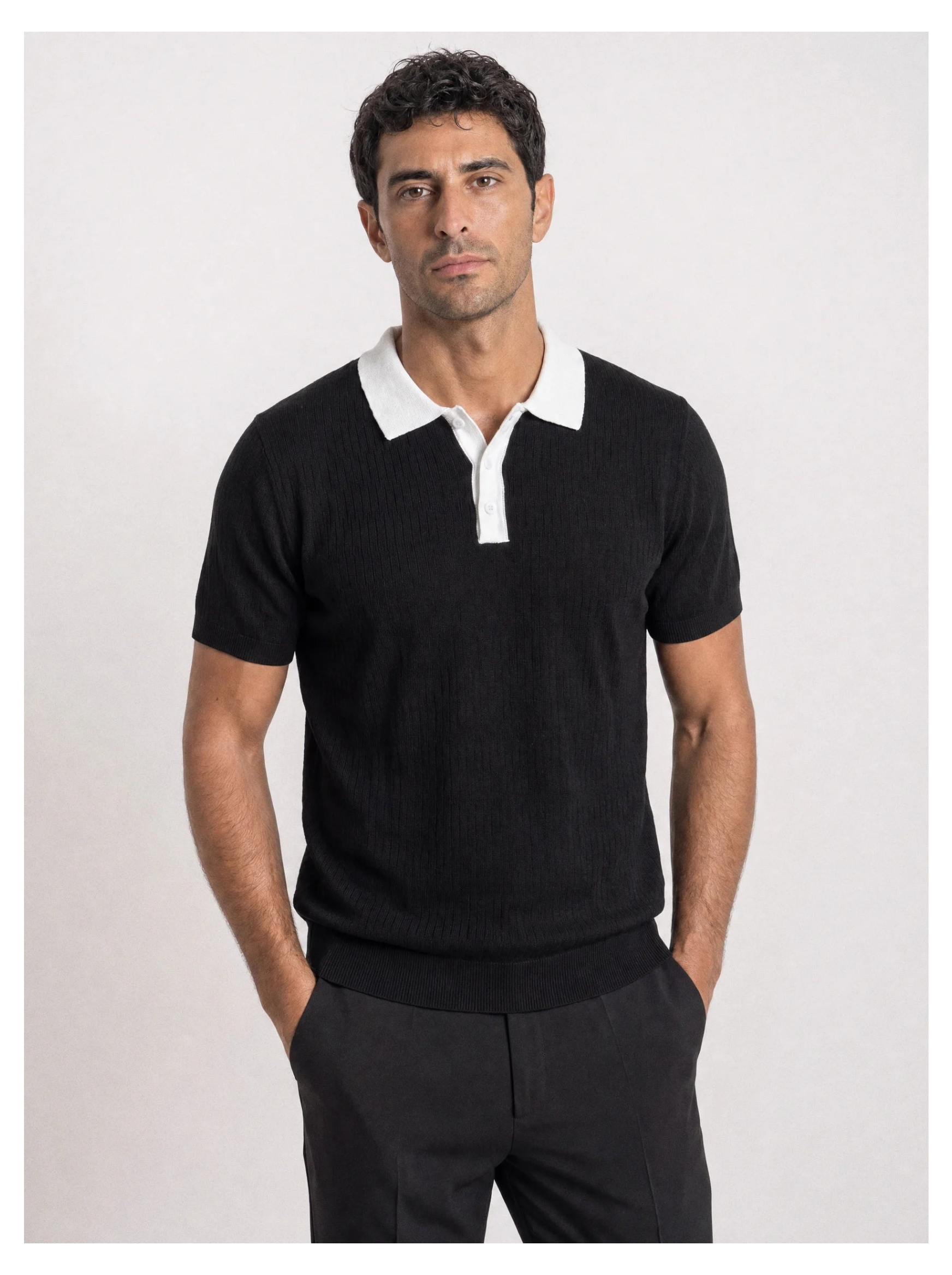 Black Contrast Collar Knit Polo
